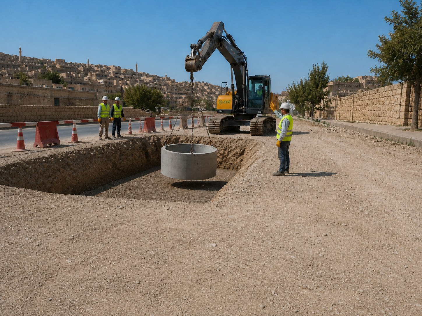Belediye altyapı projesinde beton menhol montajı